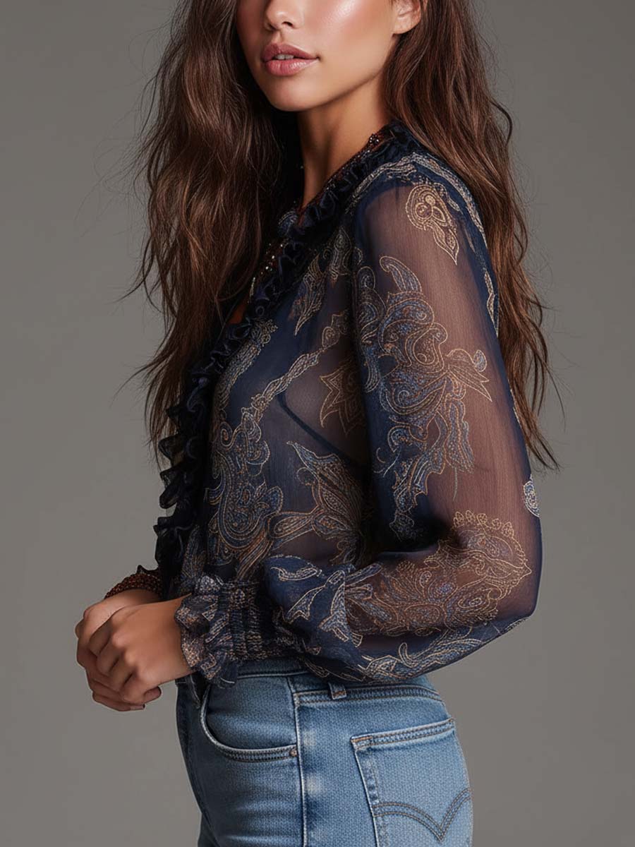Nuria | Blusa de gasa azul marino con estampado barroco