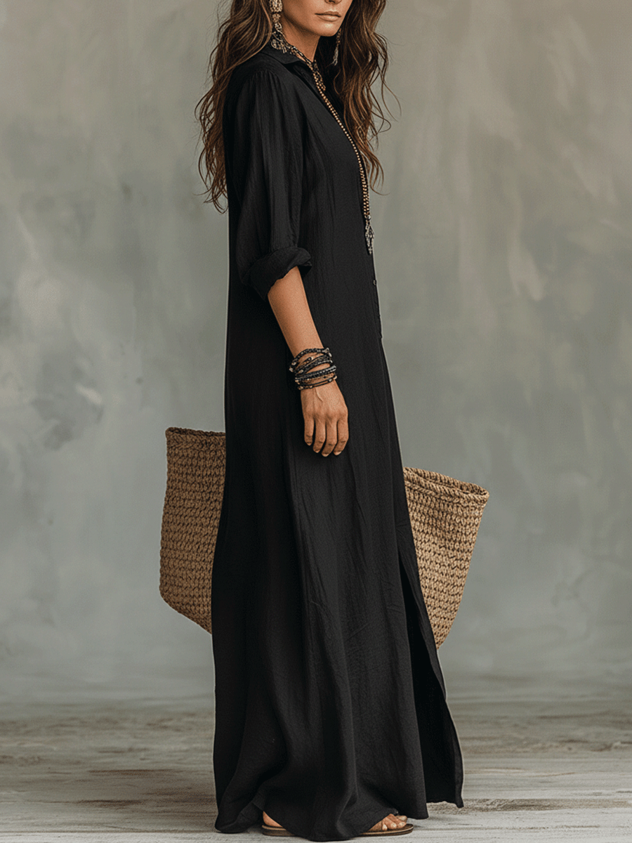Ane | Vestido maxi bohemio negro con botones en la parte delantera