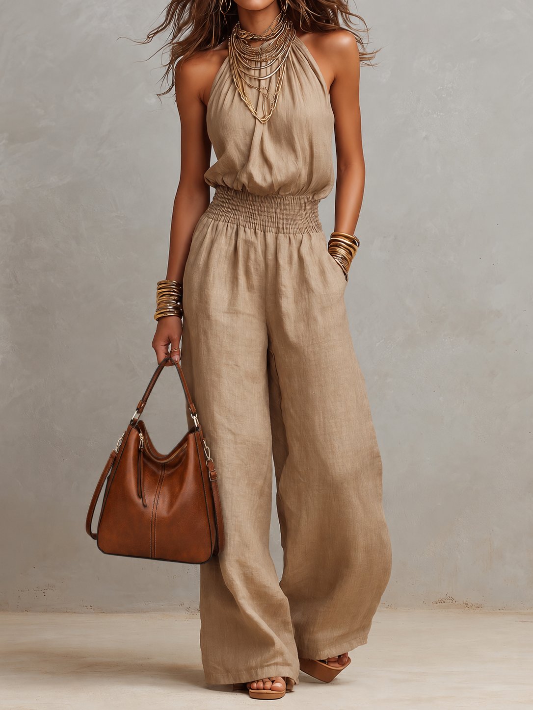 Celia | Mono largo color camel con cuello halter