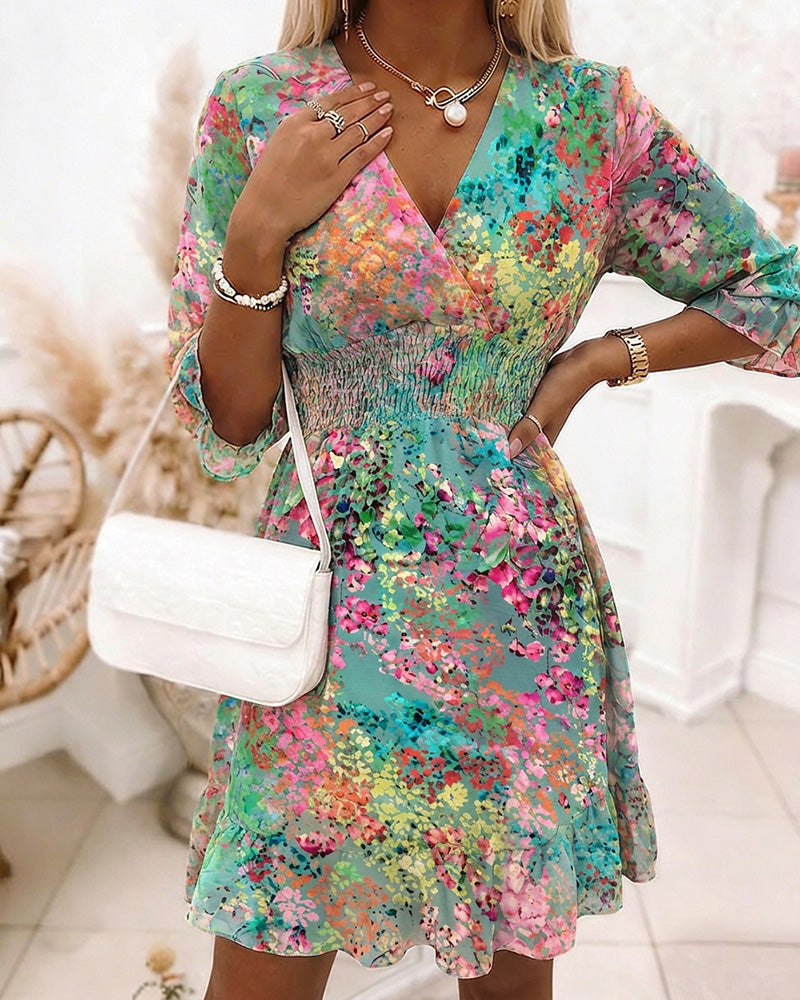 Roser | Vestido de gasa con estampado floral de pintura al óleo para mujer, escote en V, manga tres cuartos, cintura alta fruncida, bajo con volantes, corte en A.