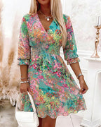 Roser | Vestido de gasa con estampado floral de pintura al óleo para mujer, escote en V, manga tres cuartos, cintura alta fruncida, bajo con volantes, corte en A.