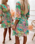 Roser | Vestido de gasa con estampado floral de pintura al óleo para mujer, escote en V, manga tres cuartos, cintura alta fruncida, bajo con volantes, corte en A.