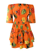 Mercè | Vestido de mujer elástico con hombros descubiertos, estampado floral de frutas tropicales, cintura fruncida y bajo con volantes, corte en A.