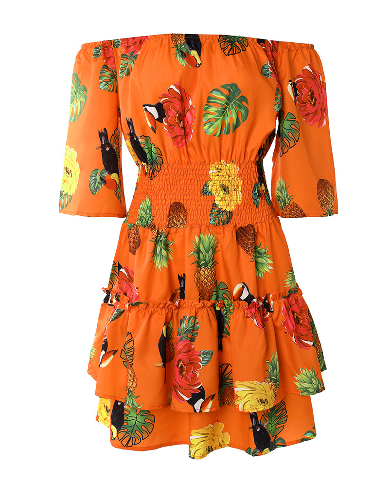Mercè | Vestido de mujer elástico con hombros descubiertos, estampado floral de frutas tropicales, cintura fruncida y bajo con volantes, corte en A.