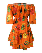 Mercè | Vestido de mujer elástico con hombros descubiertos, estampado floral de frutas tropicales, cintura fruncida y bajo con volantes, corte en A.