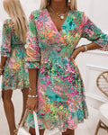 Roser | Vestido de gasa con estampado floral de pintura al óleo para mujer, escote en V, manga tres cuartos, cintura alta fruncida, bajo con volantes, corte en A.