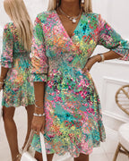 Roser | Vestido de gasa con estampado floral de pintura al óleo para mujer, escote en V, manga tres cuartos, cintura alta fruncida, bajo con volantes, corte en A.