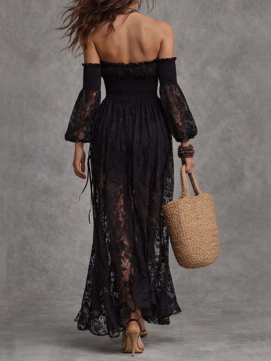 Cristina | Vestido maxi negro de encaje con hombros descubiertos