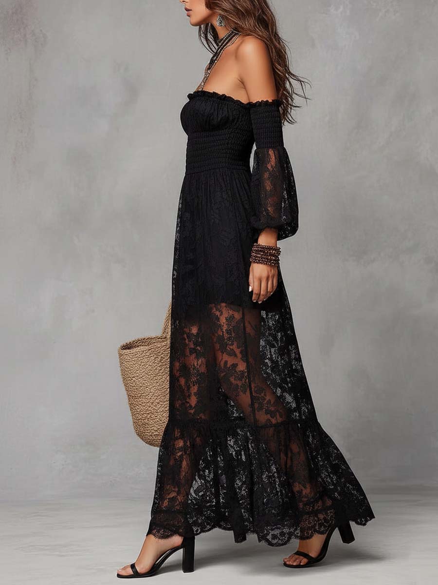 Cristina | Vestido maxi negro de encaje con hombros descubiertos
