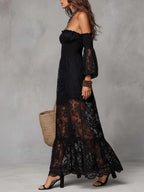 Cristina | Vestido maxi negro de encaje con hombros descubiertos