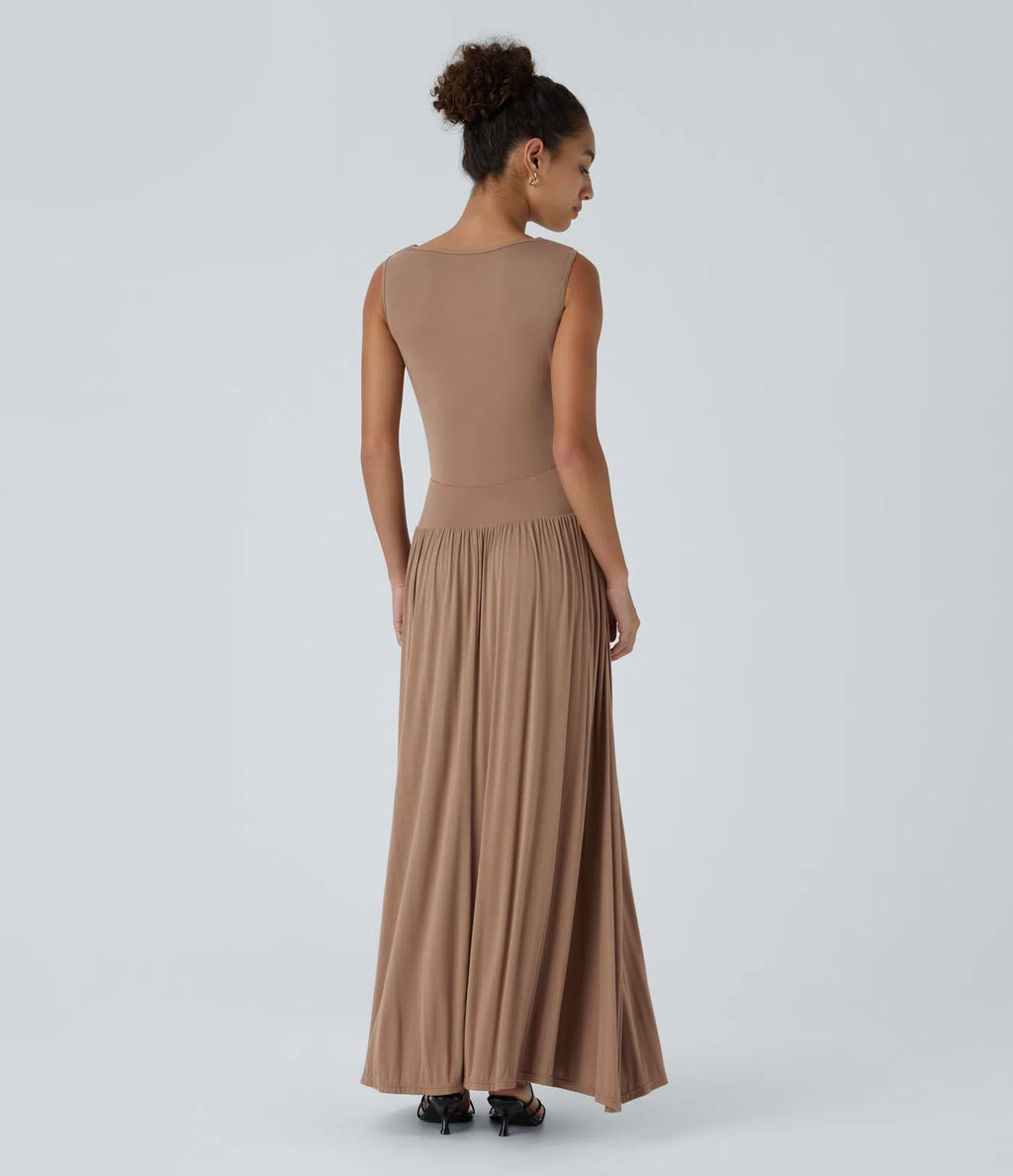 Rosario | Vestido maxi asimétrico de canalé con bolsillos