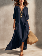 Lorea | Vestido camisero bohemio azul medianoche