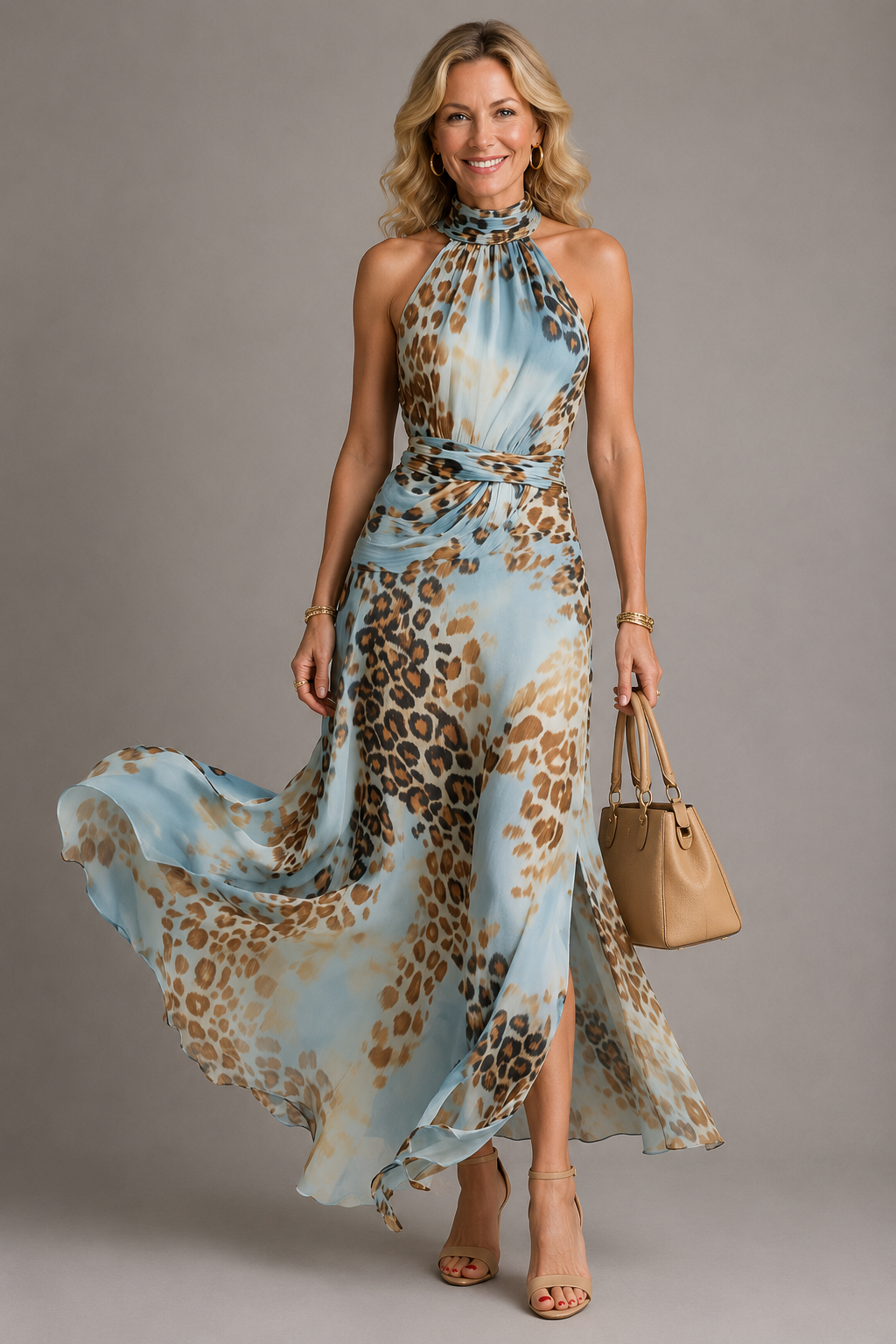 Marit | Vestido largo con cuello halter y estampado de leopardo
