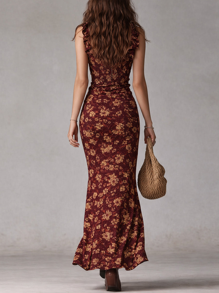 Vestido maxi bohemio con volantes y abertura