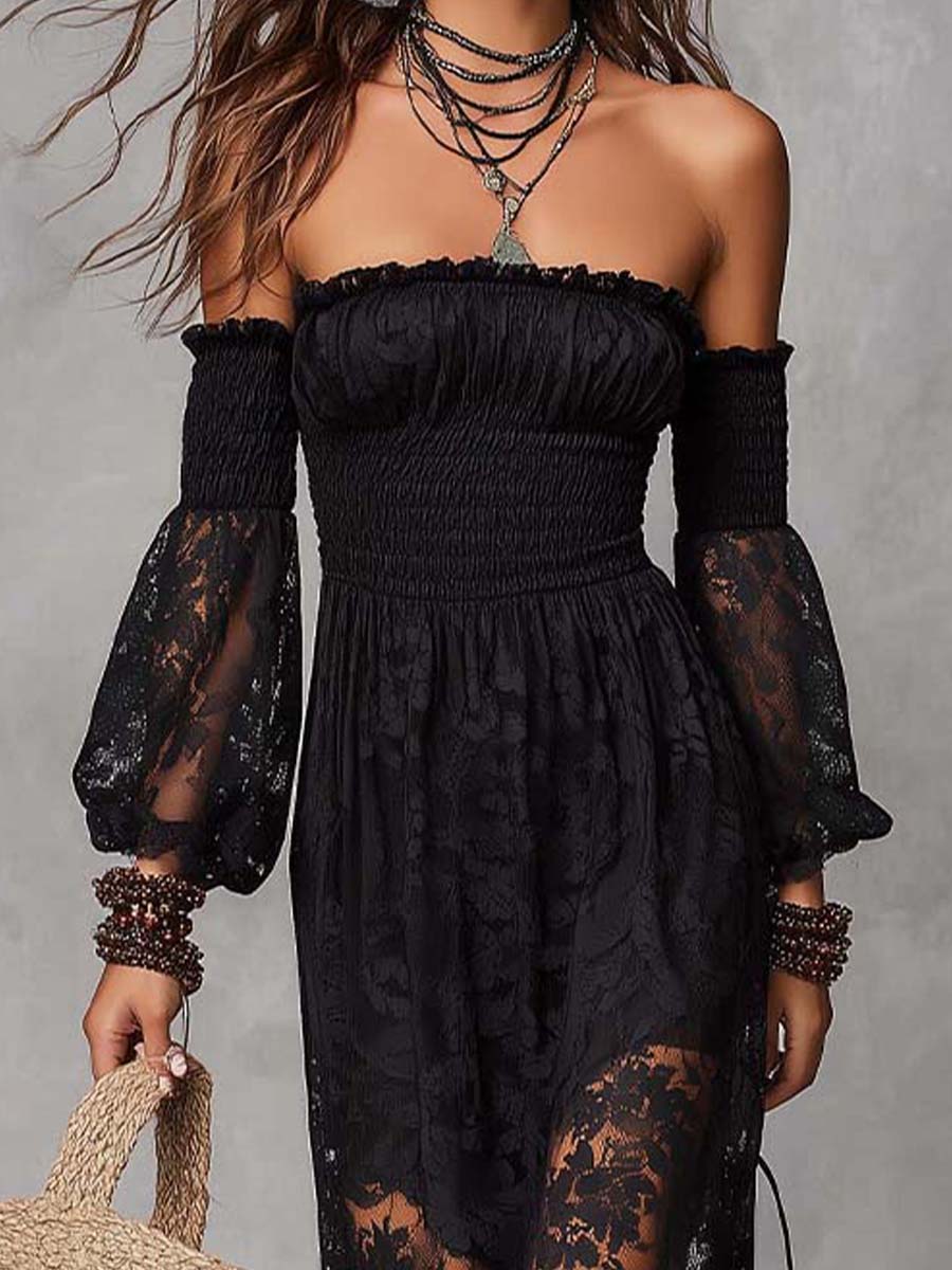 Cristina | Vestido maxi negro de encaje con hombros descubiertos