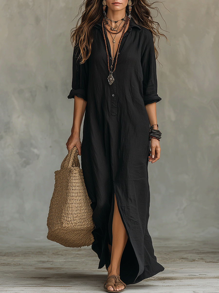 Ane | Vestido maxi bohemio negro con botones en la parte delantera