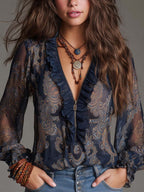 Nuria | Blusa de gasa azul marino con estampado barroco