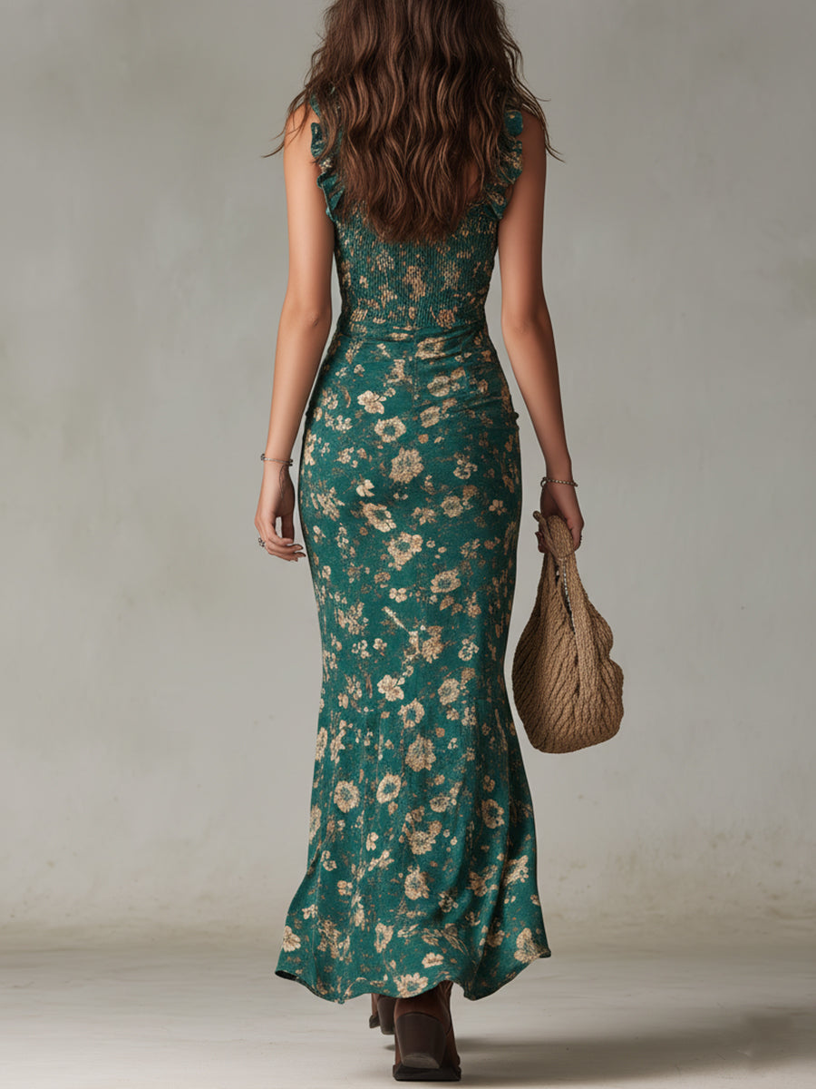 Vestido maxi bohemio con volantes y abertura