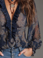Nuria | Blusa de gasa azul marino con estampado barroco