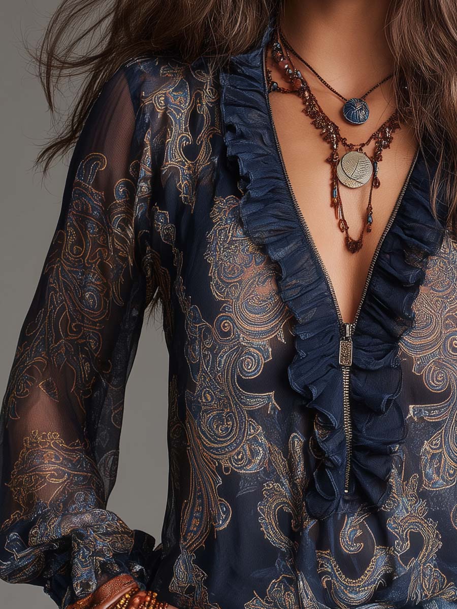 Nuria | Blusa de gasa azul marino con estampado barroco