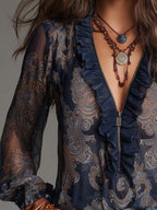Nuria | Blusa de gasa azul marino con estampado barroco