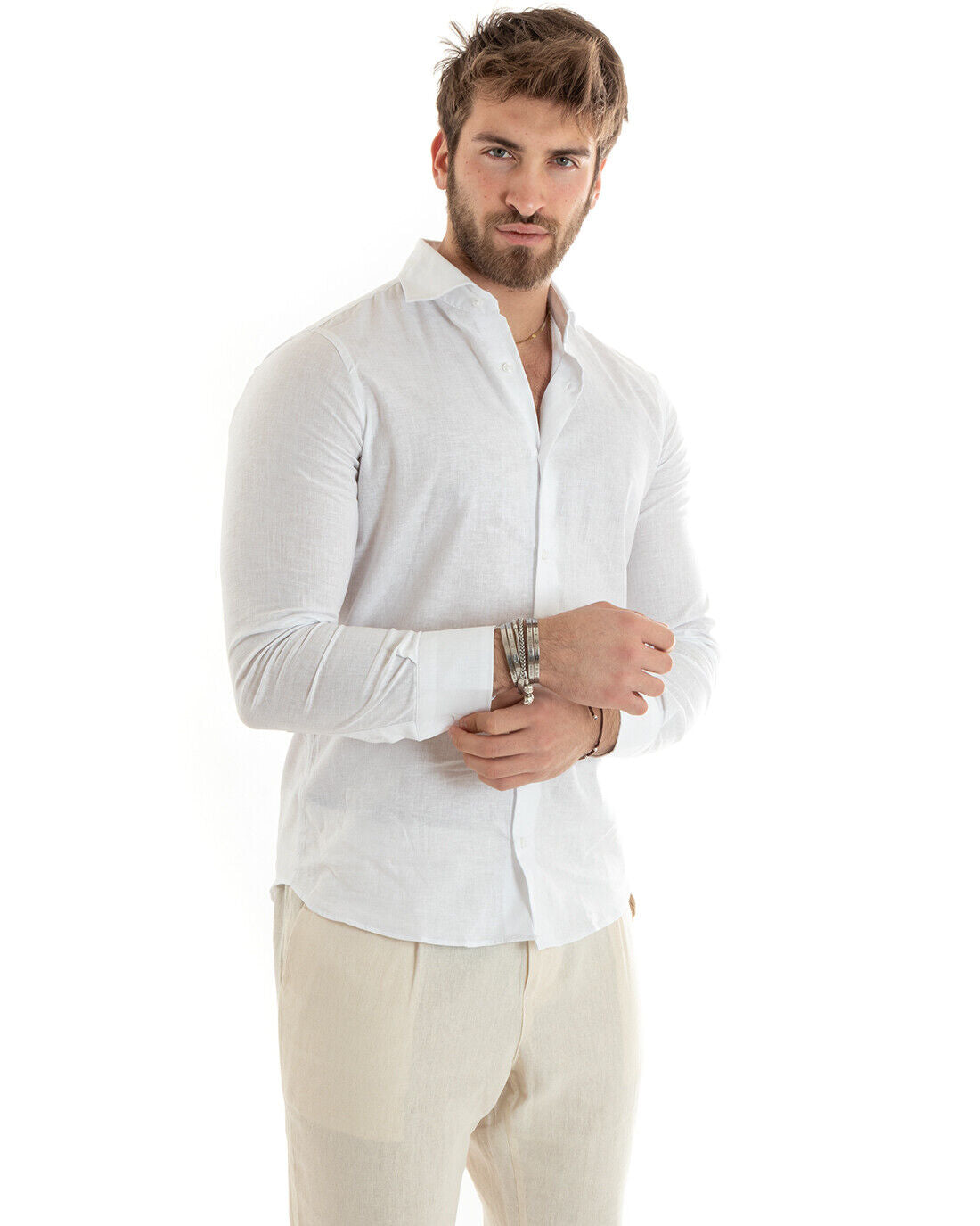 Camisa blanca de lino y viscosa para hombre