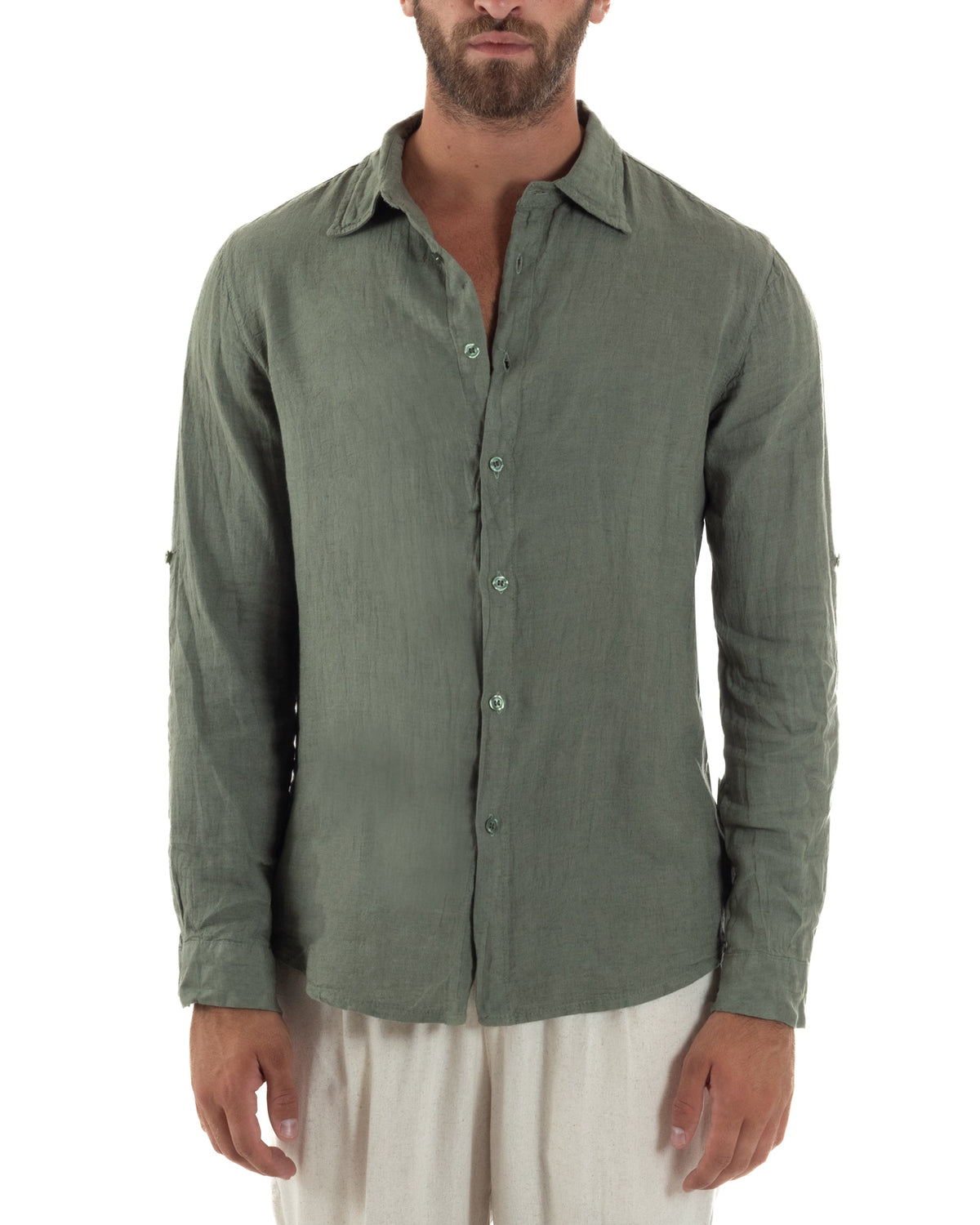 Avelino | Camisa verde de lino y corte entallado para hombre