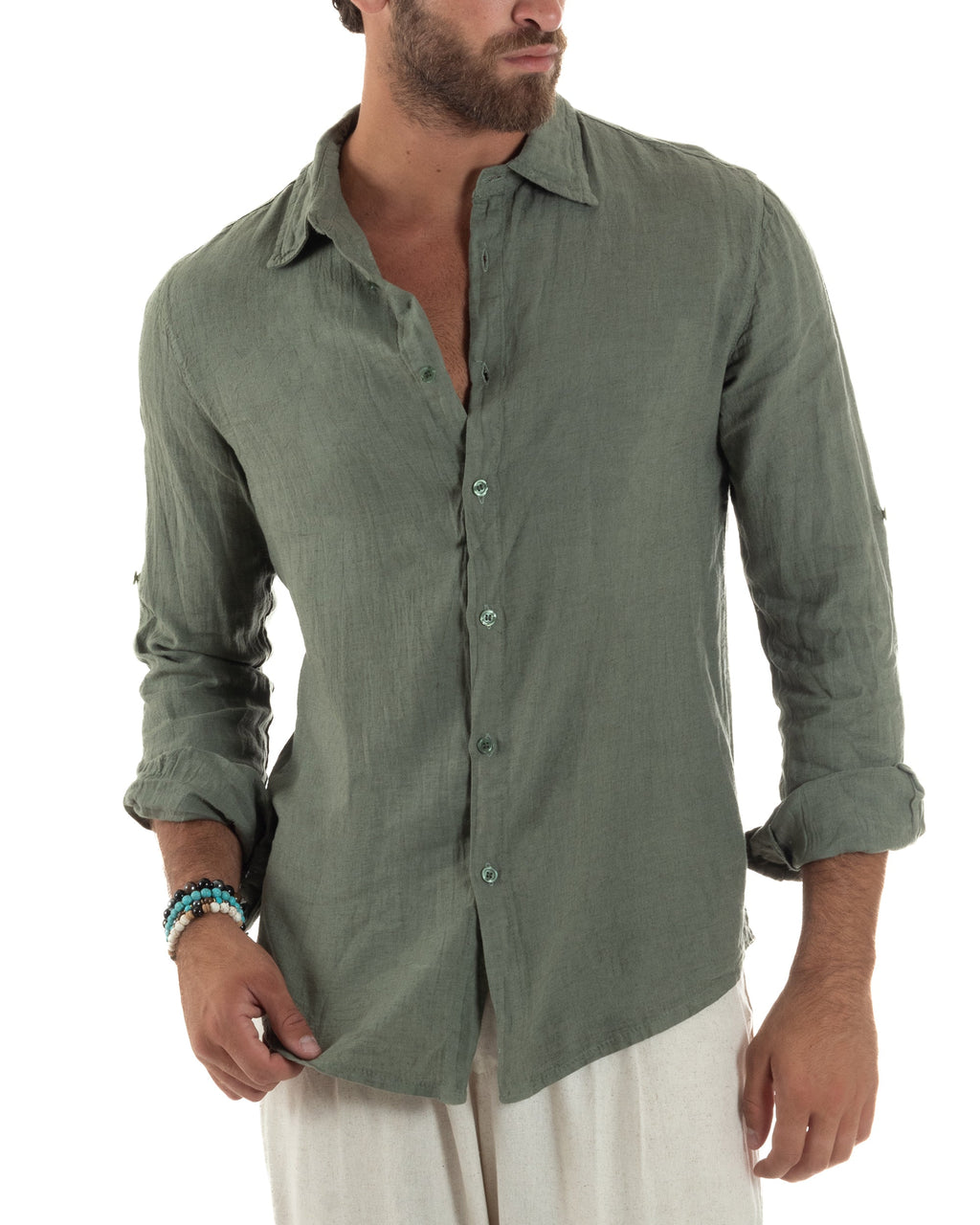 Avelino | Camisa verde de lino y corte entallado para hombre