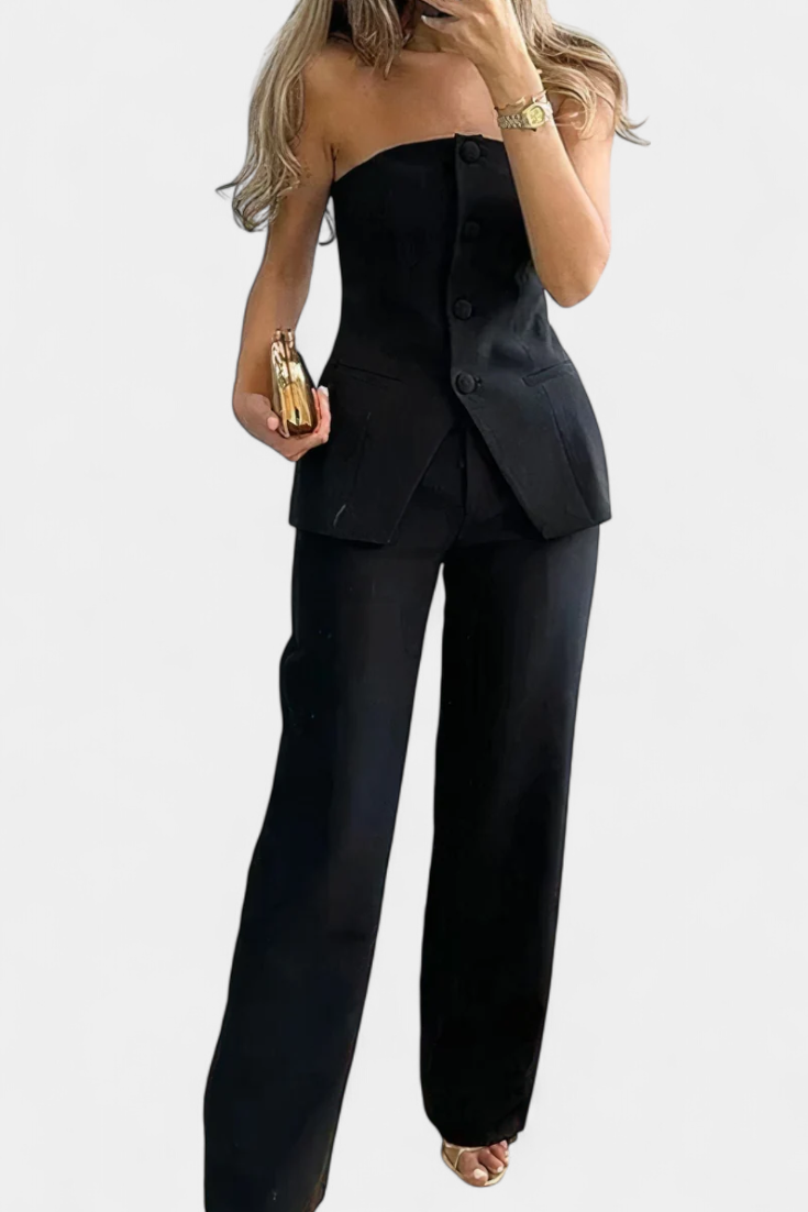 Ekaterina Conjunto de Top Tubo y Pantalón de Pierna Ancha con Estilo Minimalista