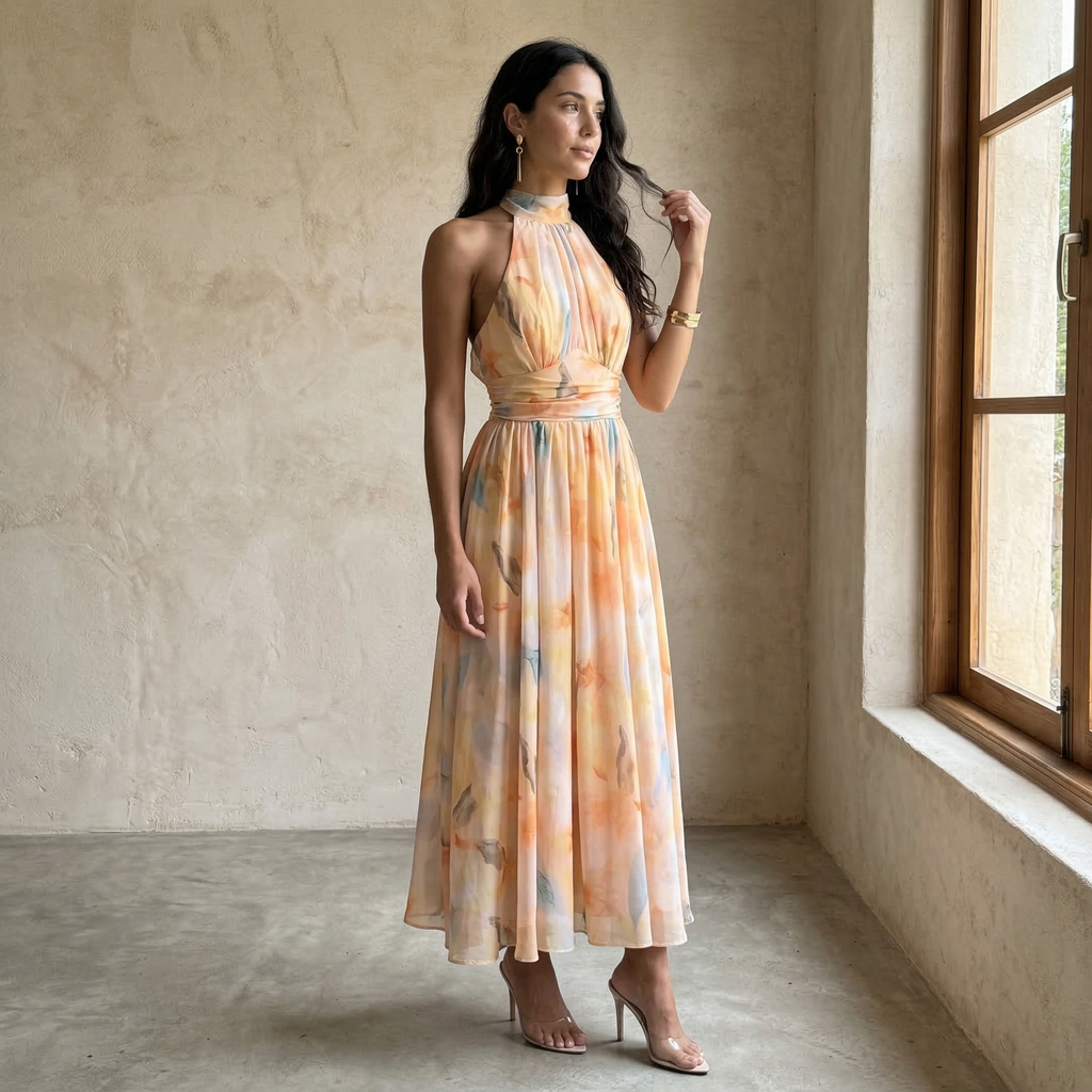 Aura | Vestido estampado con cuello Halter y cintura ajustable