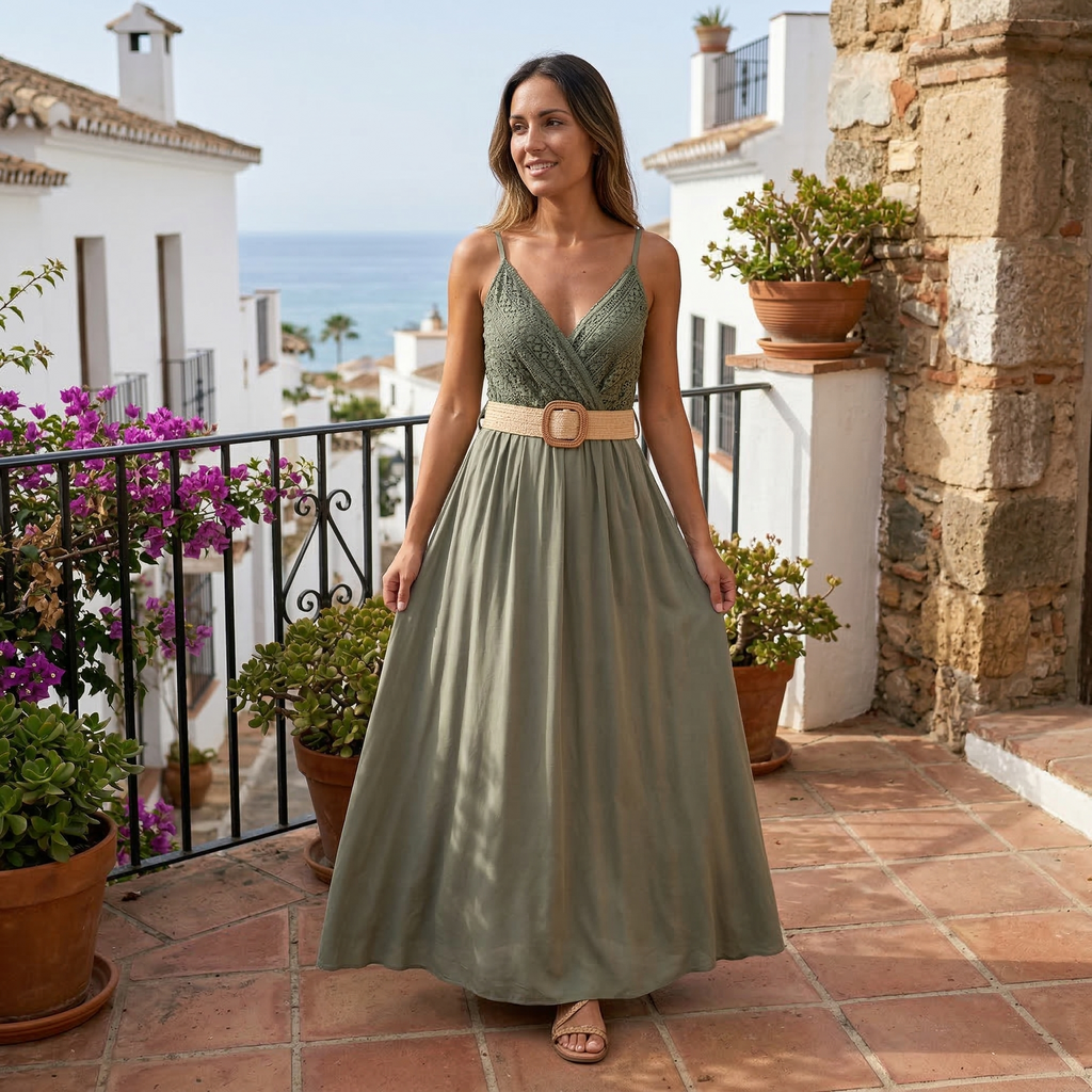 Zuriñe | Vestido largo liso con pecho de encaje