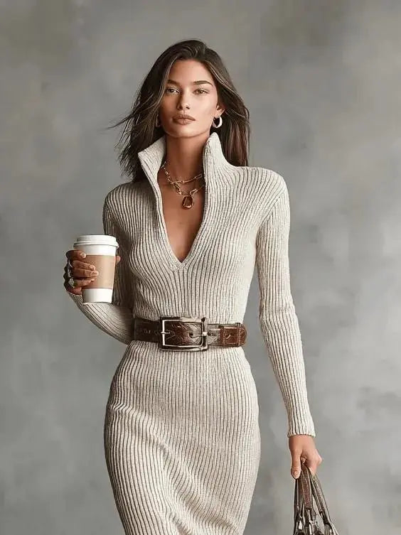 Vestido midi de punto con escote en V