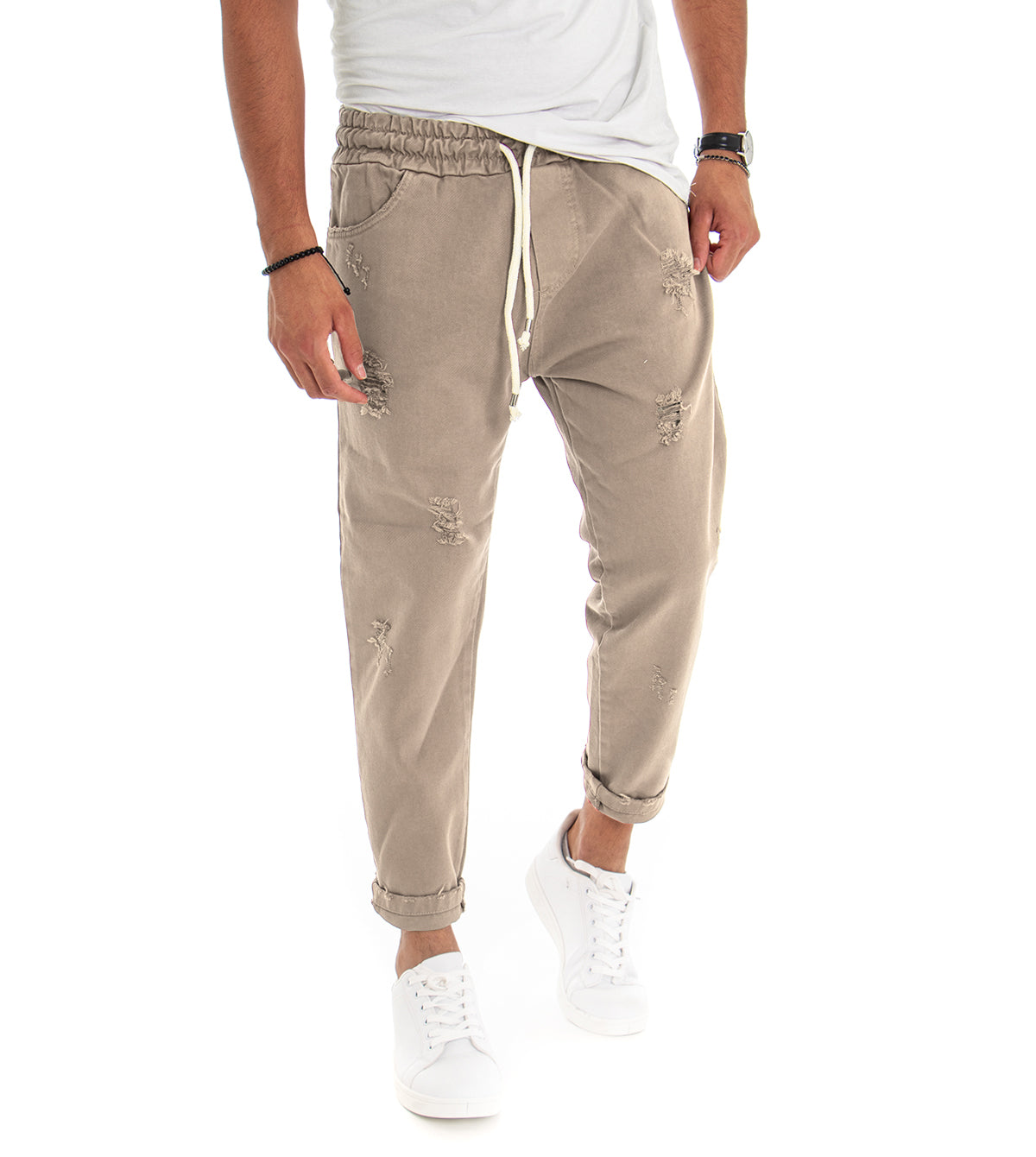Anselmo | Pantaloni uomo jeans jogger cotone loose fit rotture beige GIOSAL-P3528A