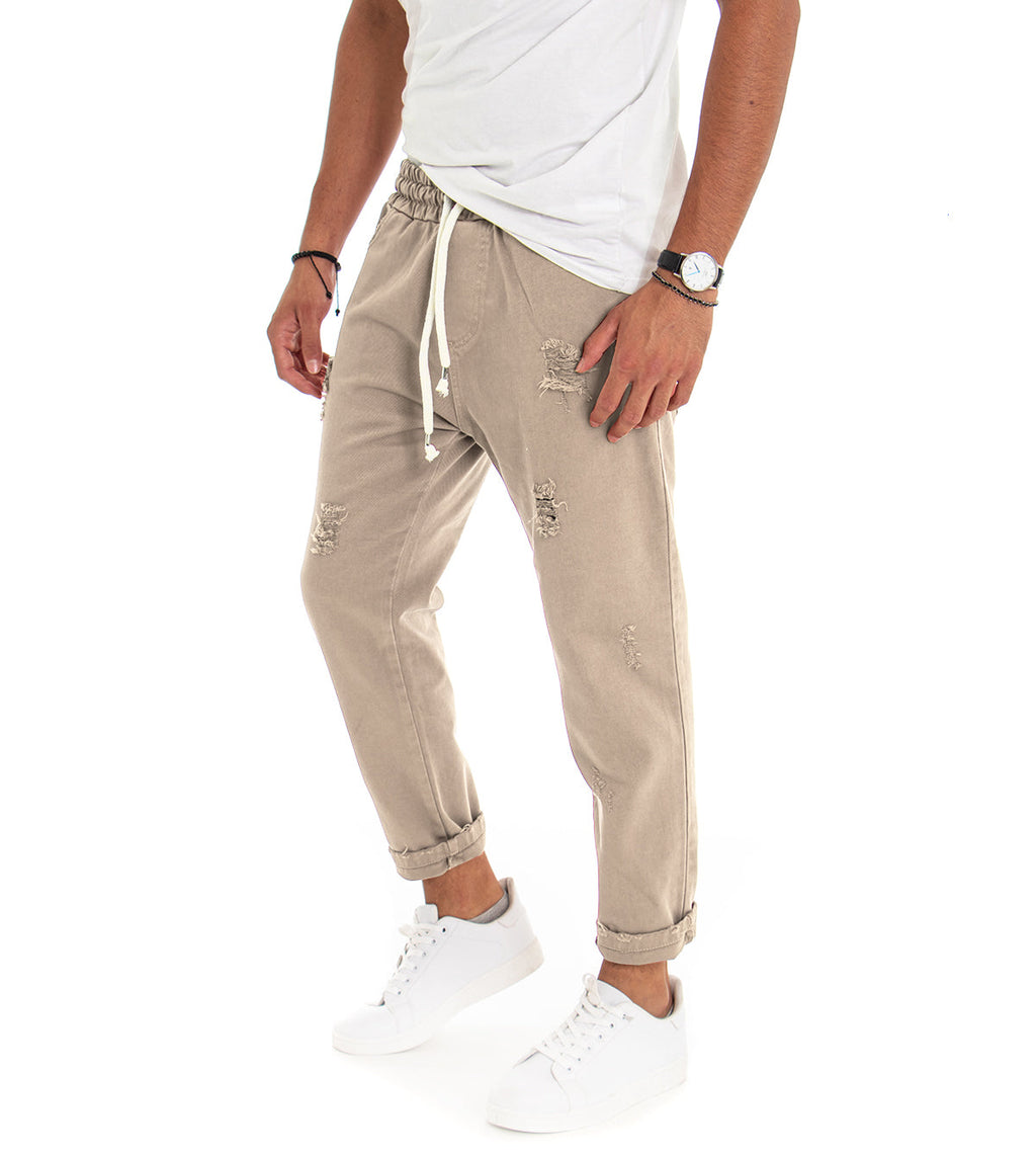 Anselmo | Pantaloni uomo jeans jogger cotone loose fit rotture beige GIOSAL-P3528A