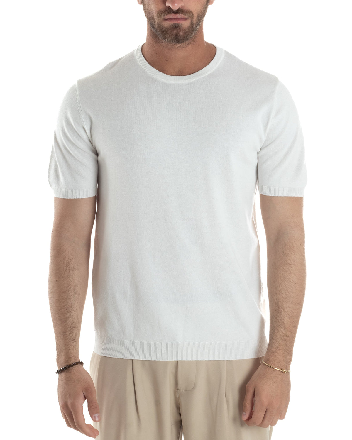 Camiseta de punto blanca con cuello redondo para hombre