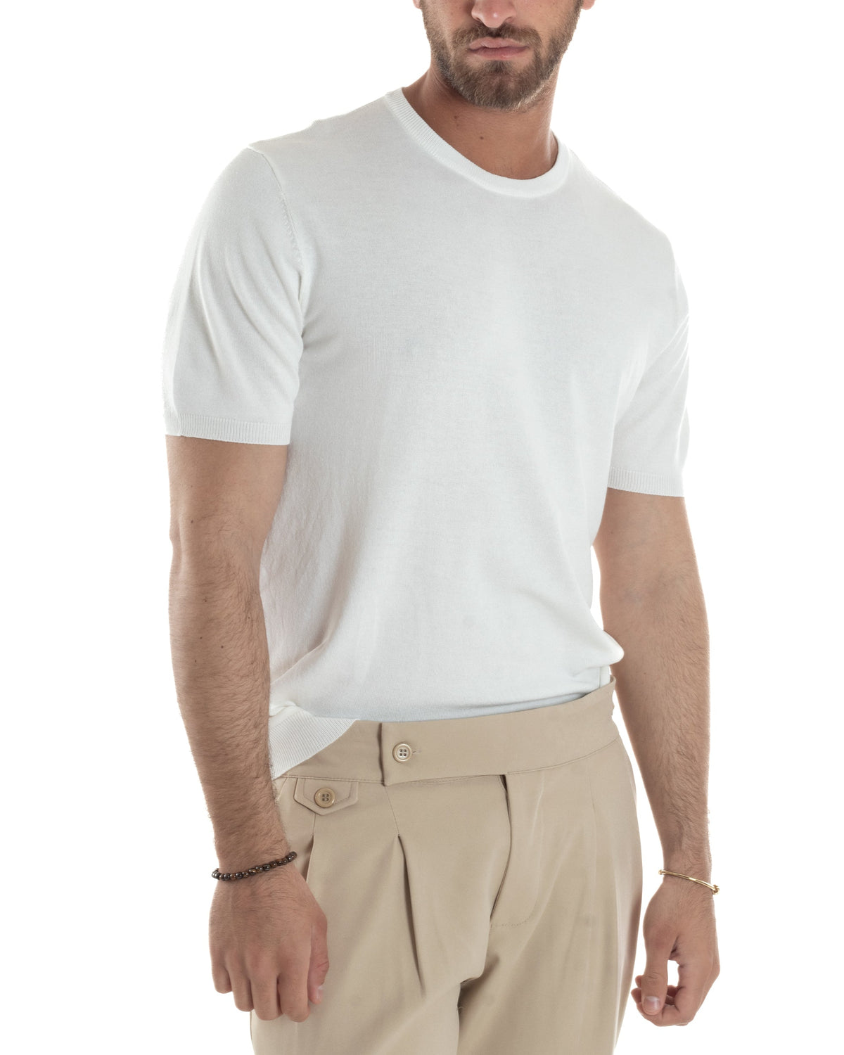 Camiseta de punto blanca con cuello redondo para hombre