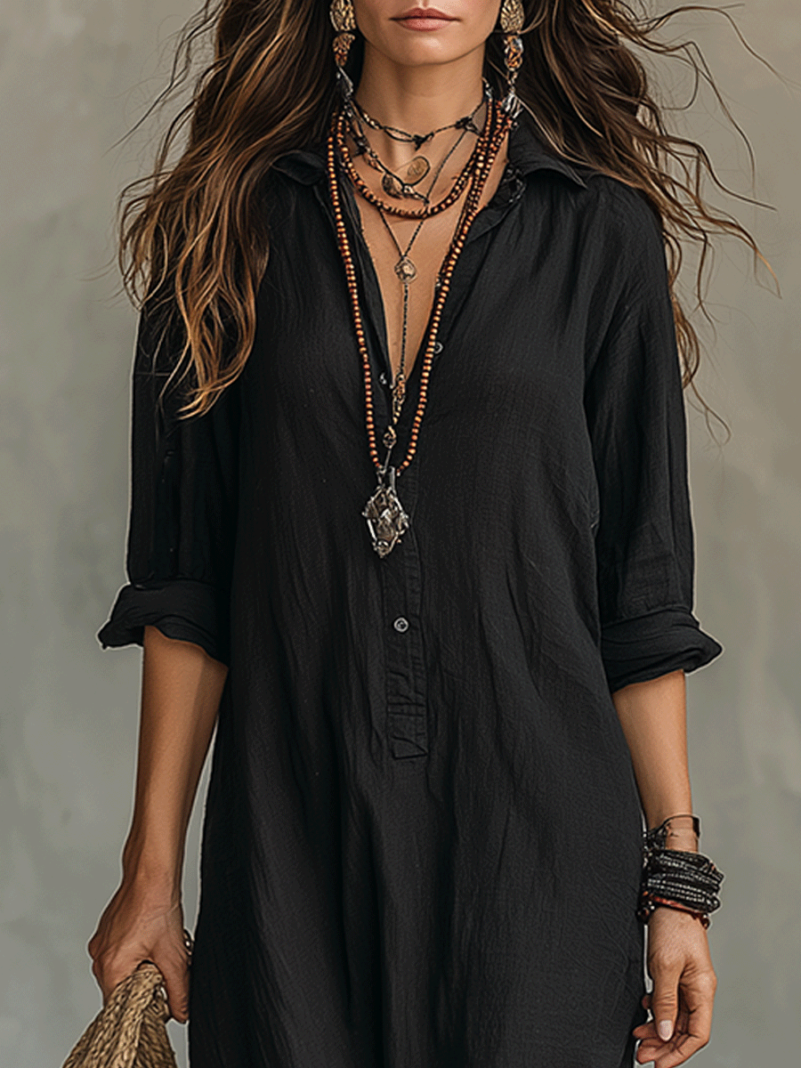 Ane | Vestido maxi bohemio negro con botones en la parte delantera