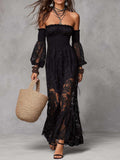 Cristina | Vestido maxi negro de encaje con hombros descubiertos