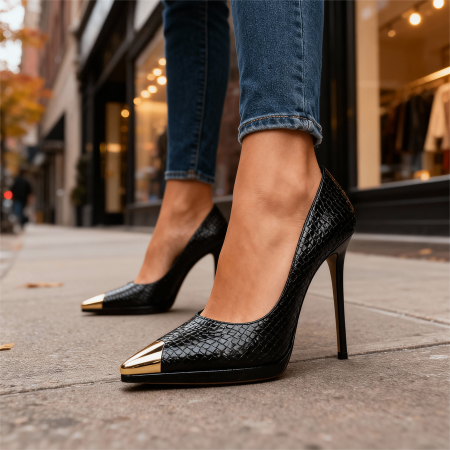 Charlize | Tacones con puntera dorada
