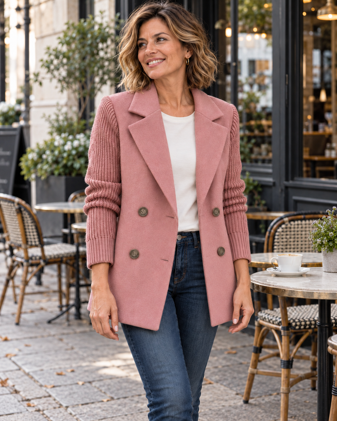 Carla en color rosa, combinada con vaqueros en una terraza