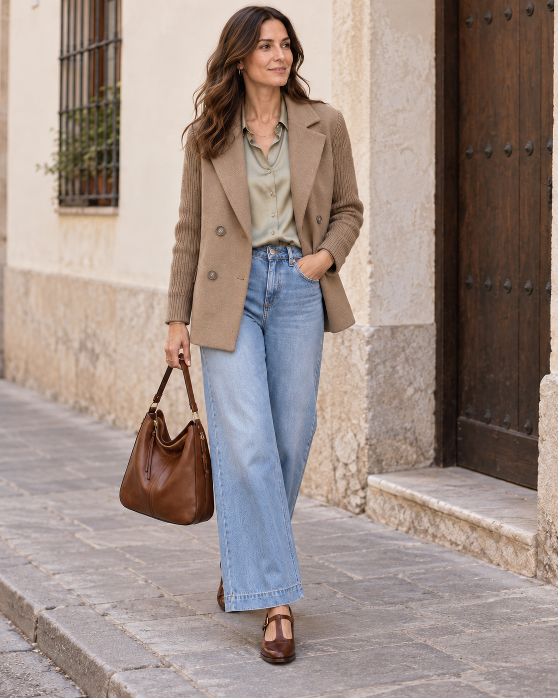 Look completo con Carla: camisa Candelaria verde oliva, vaqueros Iria azul claro, bolso Carmela y zapatos Maddalena marrones