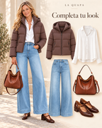 Completa tu look: modelo rubia con chaqueta puffer marrón, camisa blanca Candelaria, vaqueros Iria, bolso Carmela y zapatos Maddalena