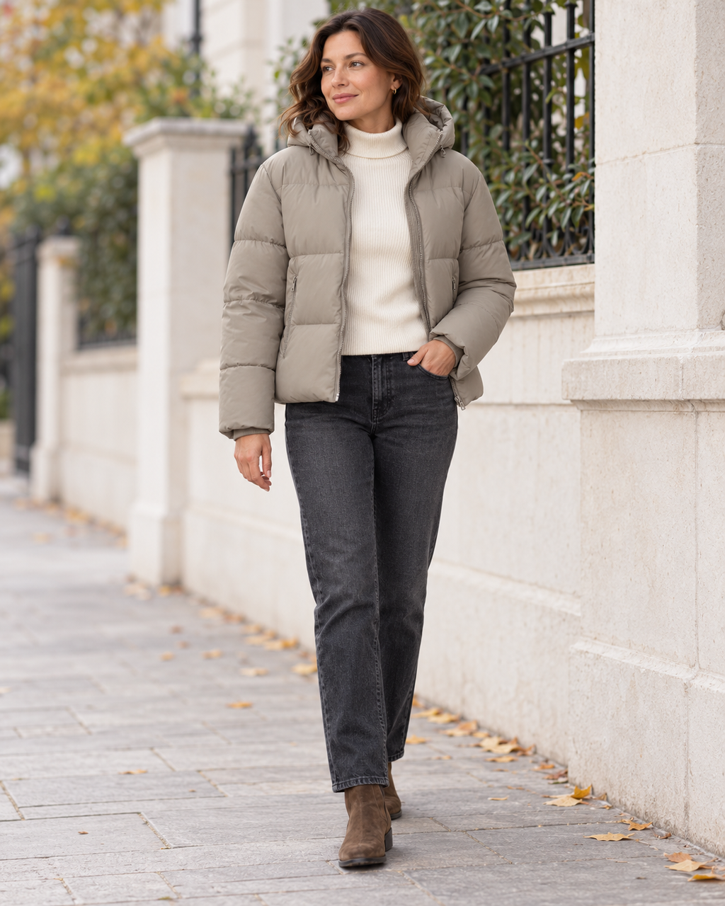 Elena en color taupe, idea de conjunto con pantalones oscuros
