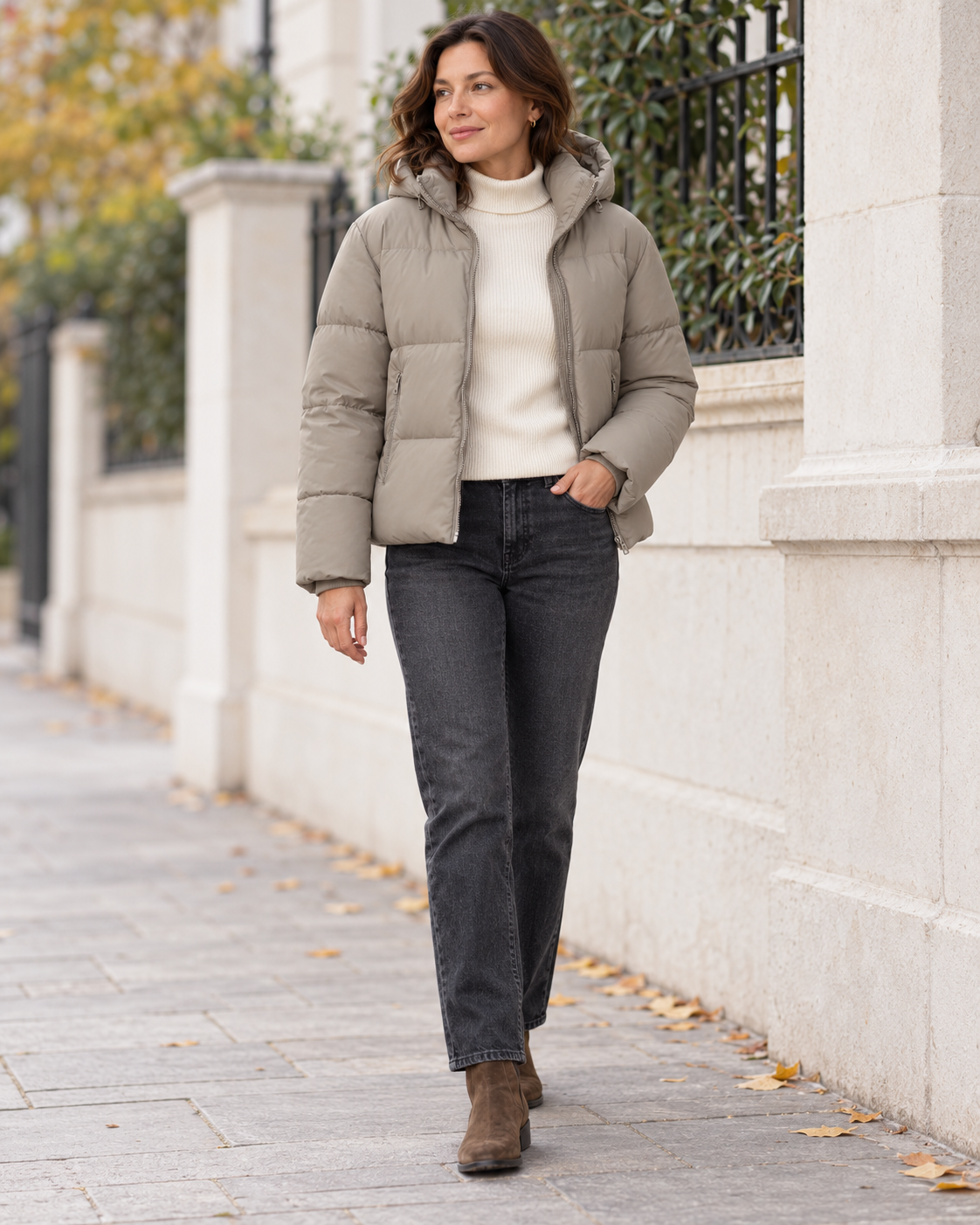 Elena en color taupe, idea de conjunto con pantalones oscuros