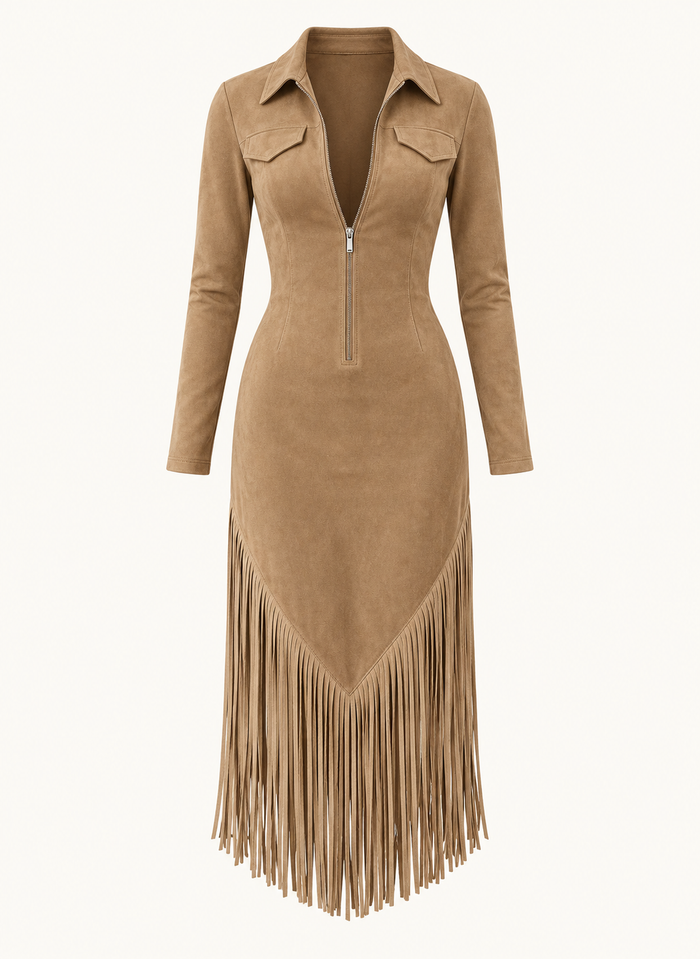 Vestido camel de efecto ante con flecos y cremallera, sin modelo