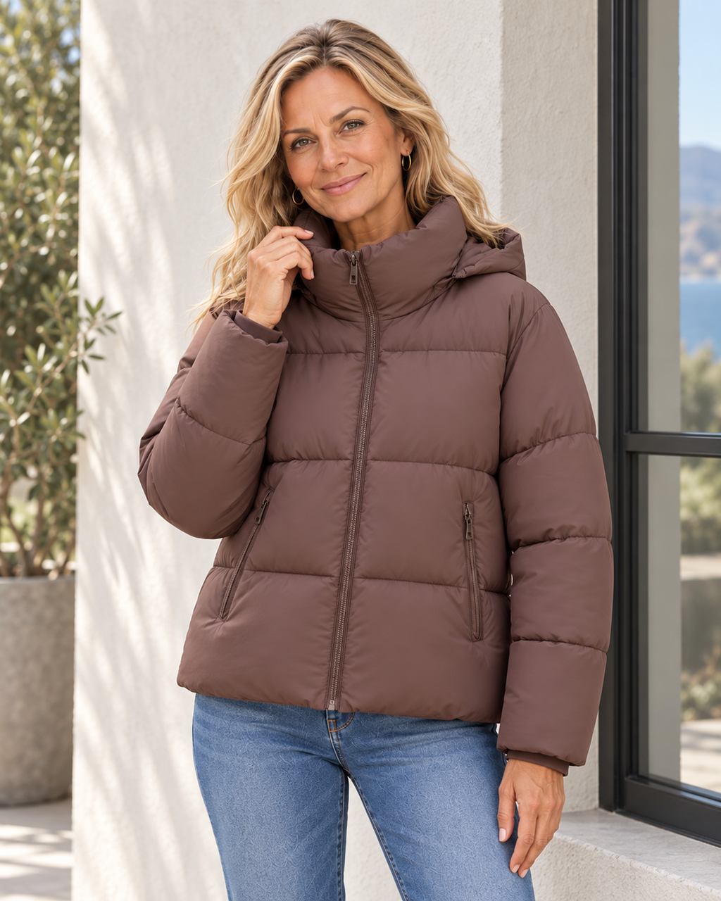 Chaqueta puffer marrón con capucha — detalle del cuello y los bolsillos