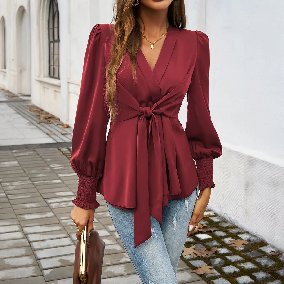 Caridad | Blusa con mangas abullonadas y lazada en la cintura