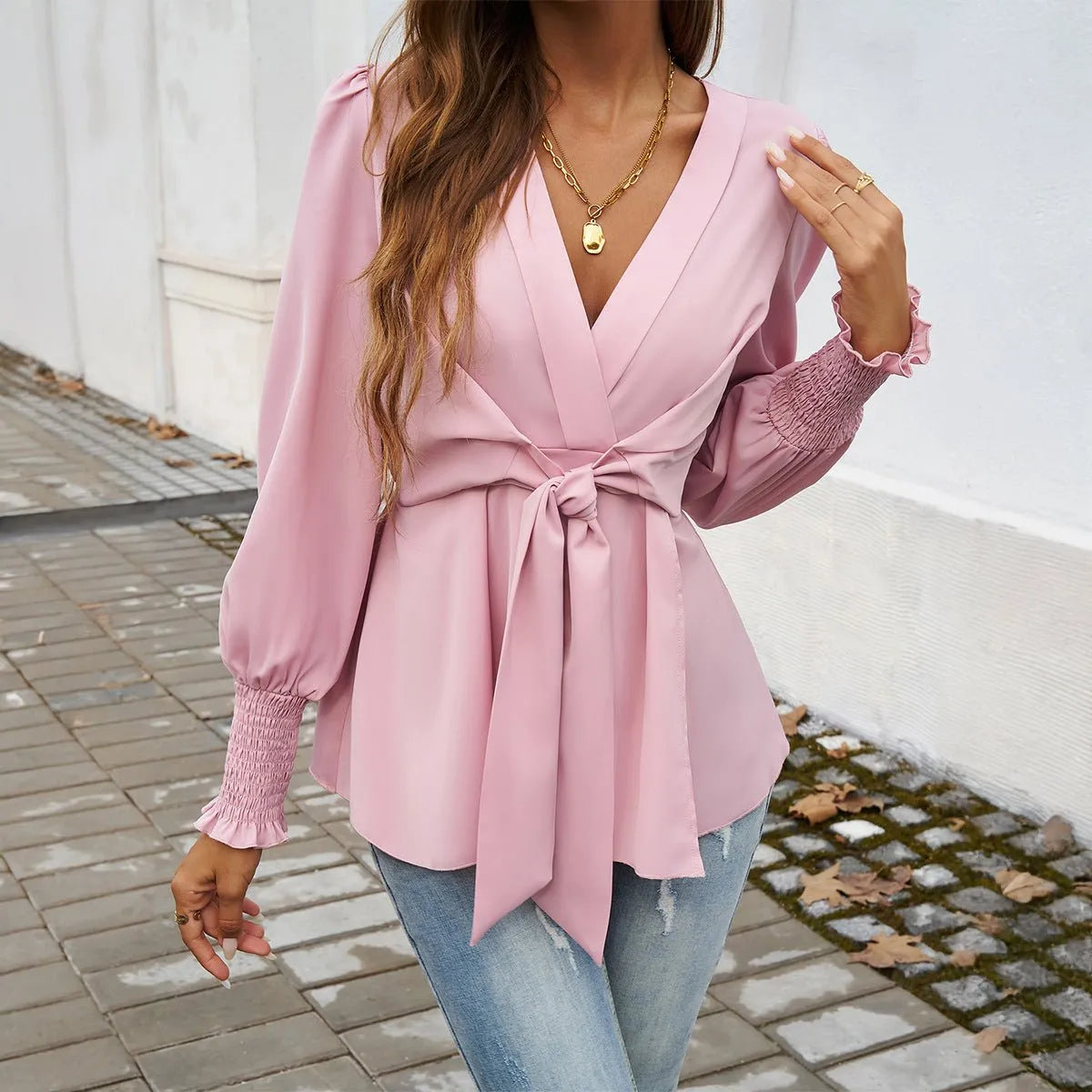 Caridad | Blusa con mangas abullonadas y lazada en la cintura