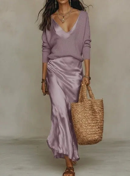 Conjunto de vestido midi satinado y jersey