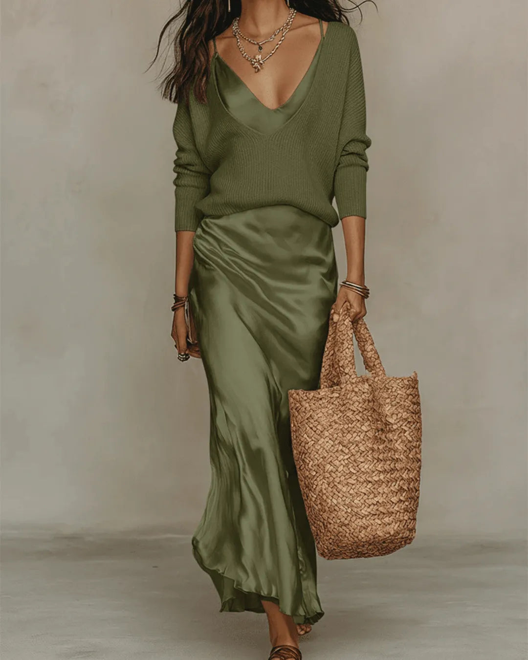 Conjunto de vestido midi satinado y jersey